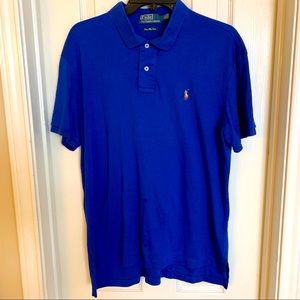Mens Large Custom Fit Royal Blue Polo by Ralph Lauren Shirt Brown Logo Stains